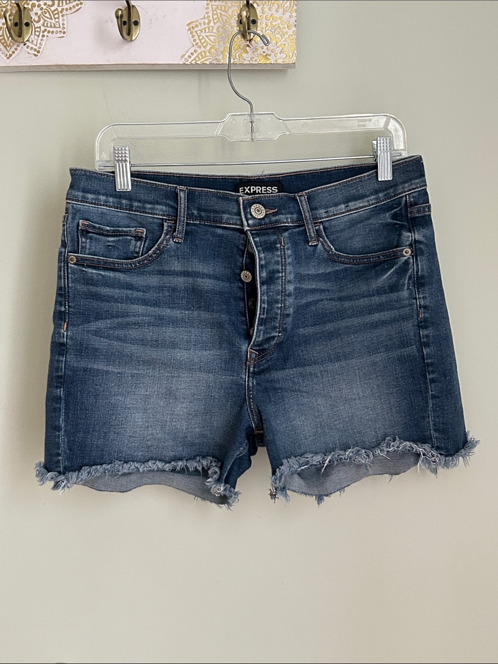 Express Distressed Hem Dark Blue Denim Shorts